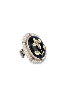 Gold Finish Black Onyx Stone Handcrafted Ring In Sterling Silver