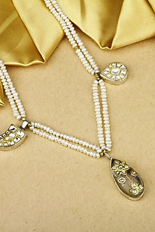 Gold Finish Kundan Polki & Crystal Stone Handcrafted Long Necklace In Sterling Silver
