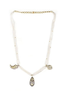 Gold Finish Kundan Polki & Crystal Stone Handcrafted Long Necklace In Sterling Silver
