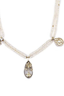 Gold Finish Kundan Polki & Crystal Stone Handcrafted Long Necklace In Sterling Silver