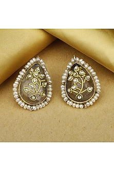 Gold Finish Crystal Stone & Kundan Polki Handcrafted Earrings In Sterling Silver