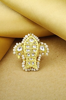 Gold Finish Kundan Polki Handcrafted Ring In Sterling Silver