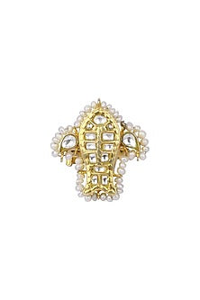 Gold Finish Kundan Polki Handcrafted Ring In Sterling Silver