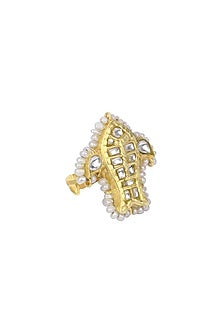 Gold Finish Kundan Polki Handcrafted Ring In Sterling Silver