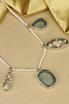 Silver Finish Kundan Polki Handcrafted Long Necklace In Sterling Silver