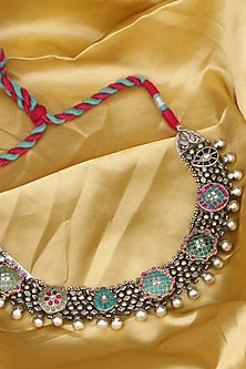 Silver Finish Kundan Polki Handcrafted Long Necklace In Sterling Silver