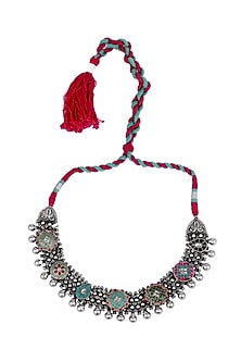 Silver Finish Kundan Polki Handcrafted Long Necklace In Sterling Silver