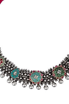 Silver Finish Kundan Polki Handcrafted Long Necklace In Sterling Silver