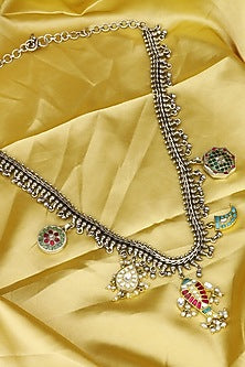Gold Finish Handcrafted Long Necklace With Kundan Polki In Sterling Silver