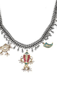 Gold Finish Handcrafted Long Necklace With Kundan Polki In Sterling Silver