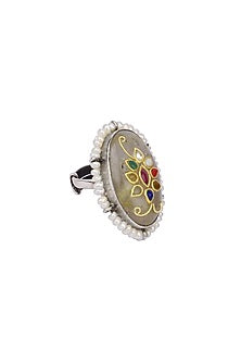 Gold Finish Quartz Stone Handcrafted Ring In Sterling Silver