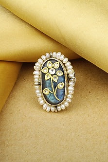 Gold Finish Labradorite Stone Handcrafted Ring In Sterling Silver