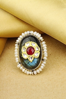 Gold Finish Handcrafted Ring With Labradorite Stone In Sterling Silver