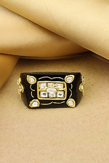 Gold Finish Handcrafted Ring With Black Onyx Stone In Sterling Silver
