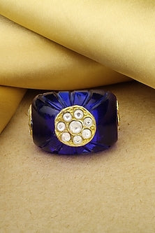 Gold Finish Blue Onyx Stone Handcrafted Ring In Sterling Silver
