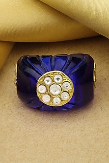 Gold Finish Blue Onyx Stone Handcrafted Ring In Sterling Silver