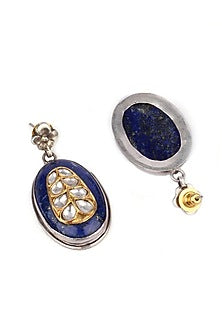 Gold Finish Lapis Stone Handcrafted Stud Earrings In Sterling Silver