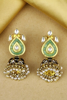 Gold Finish Kundan Polki Handcrafted Jhumka Earrings In Sterling Silver