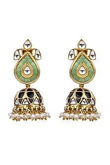 Gold Finish Kundan Polki Handcrafted Jhumka Earrings In Sterling Silver
