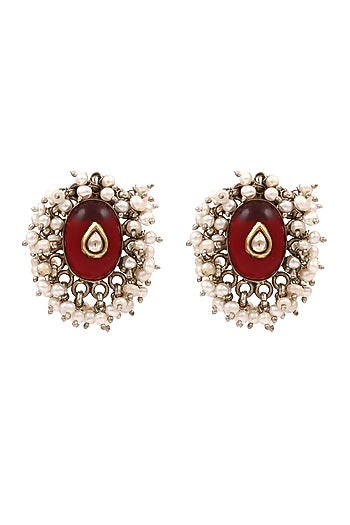 Silver Finish Ruby Hydro & Pearl Handcrafted Dangler Earrings In Sterling Silver