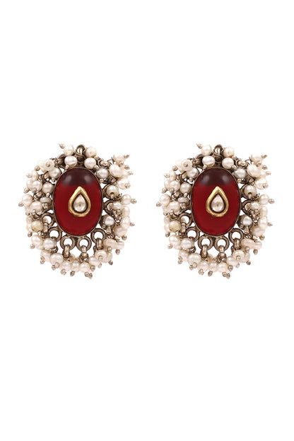 Silver Finish Ruby Hydro & Pearl Handcrafted Dangler Earrings In Sterling Silver