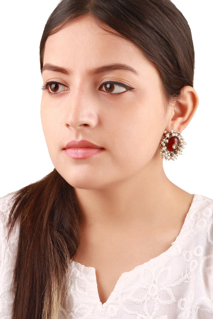 Silver Finish Ruby Hydro & Pearl Handcrafted Dangler Earrings In Sterling Silver