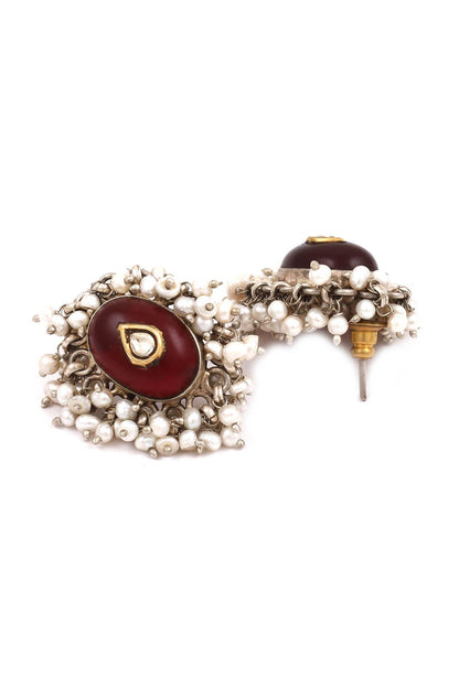 Silver Finish Ruby Hydro & Pearl Handcrafted Dangler Earrings In Sterling Silver