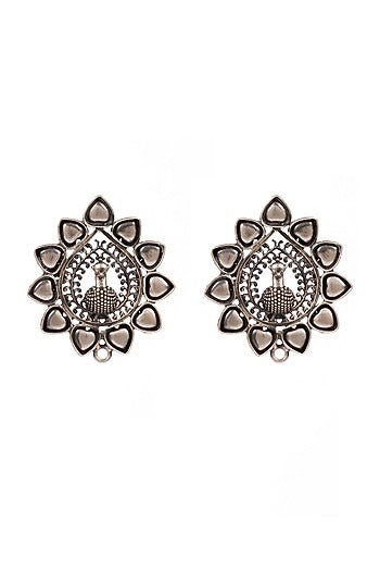 Silver Finish Handcrafted Oxidised Peacock Stud Earrings In Sterling Silver