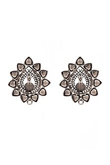 Silver Finish Handcrafted Oxidised Peacock Stud Earrings In Sterling Silver
