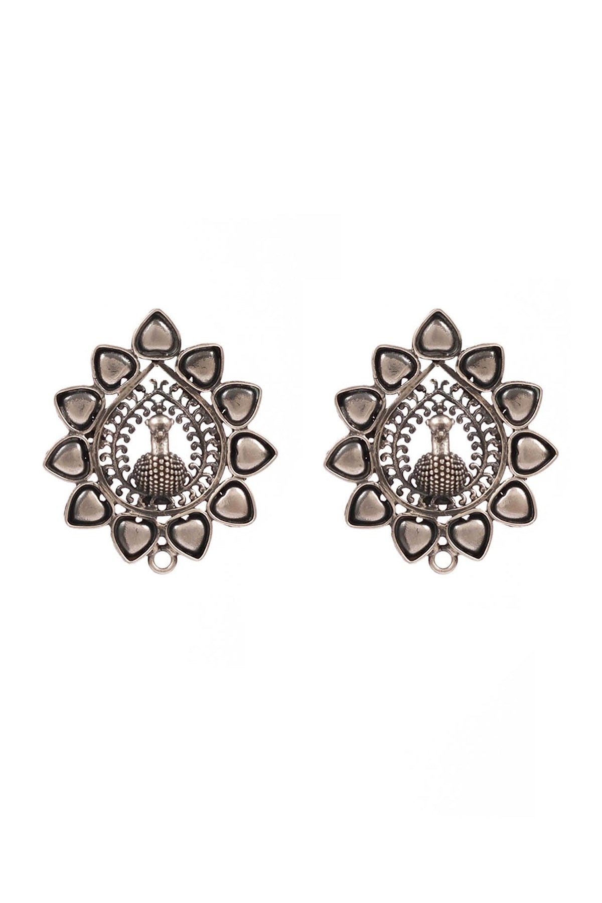Silver Finish Handcrafted Oxidised Peacock Stud Earrings In Sterling Silver