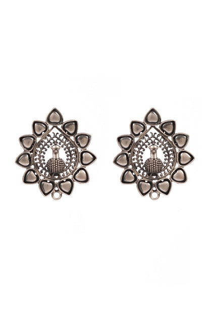 Silver Finish Handcrafted Oxidised Peacock Stud Earrings In Sterling Silver