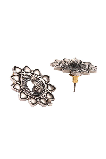 Silver Finish Handcrafted Oxidised Peacock Stud Earrings In Sterling Silver