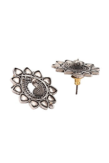Silver Finish Handcrafted Oxidised Peacock Stud Earrings In Sterling Silver