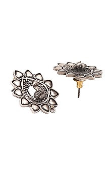 Silver Finish Handcrafted Oxidised Peacock Stud Earrings In Sterling Silver