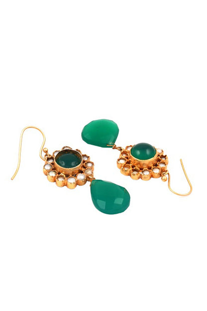 Two-Tone Finish Green Onyx Handcrafted Dangler Earrings In Sterling Silver