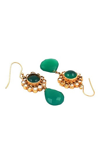 Two-Tone Finish Green Onyx Handcrafted Dangler Earrings In Sterling Silver