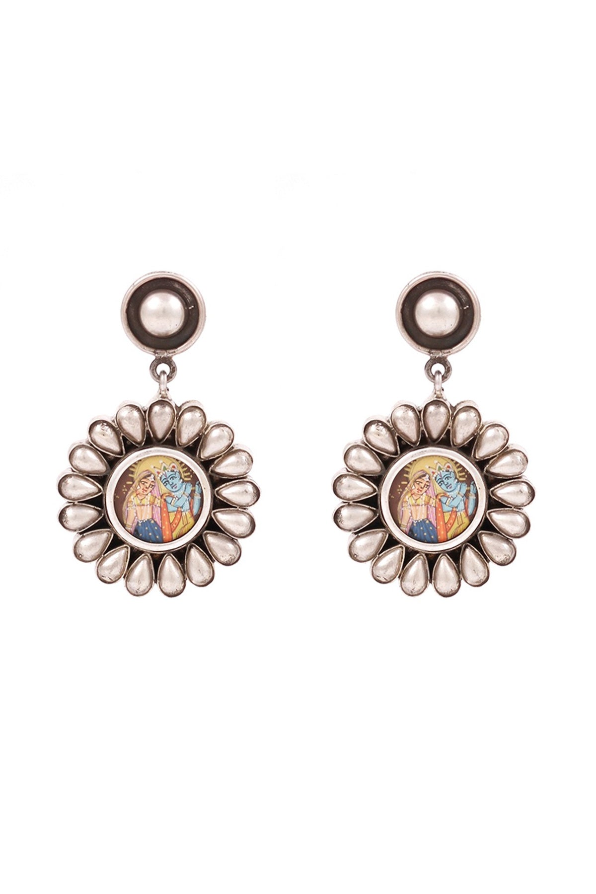 Silver Finish Radha Krishna Handcrafted Oxidised Dangler Earrings In Sterling Silver