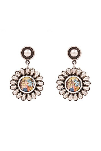Silver Finish Radha Krishna Handcrafted Oxidised Dangler Earrings In Sterling Silver