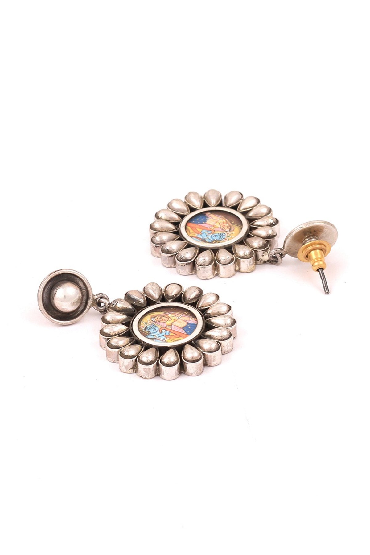 Silver Finish Radha Krishna Handcrafted Oxidised Dangler Earrings In Sterling Silver