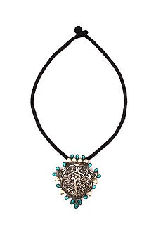 Silver Finish Turquoise Stone Handcrafted Engraved Necklace In Sterling Silver