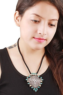 Silver Finish Turquoise Stone Handcrafted Engraved Necklace In Sterling Silver