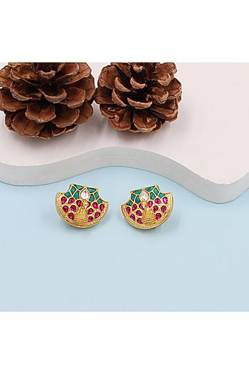 Gold Plated Kundan Polki Stud Earrings In Sterling Silver