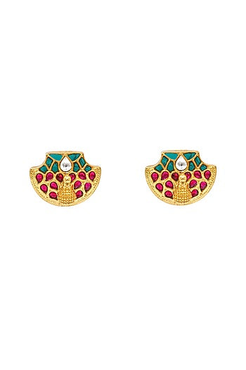 Gold Plated Kundan Polki Stud Earrings In Sterling Silver
