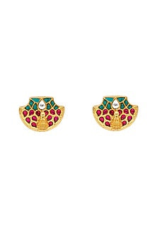 Gold Plated Kundan Polki Stud Earrings In Sterling Silver