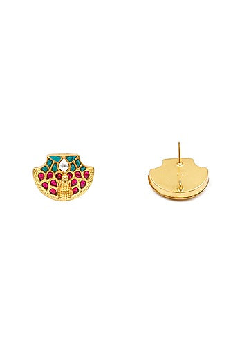 Gold Plated Kundan Polki Stud Earrings In Sterling Silver
