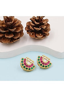 Gold Plated Kundan Polki Stud Earrings In Sterling Silver