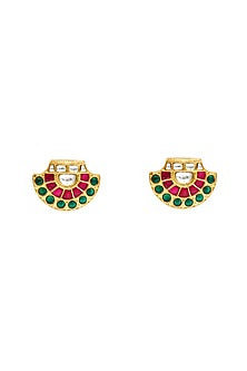 Gold Plated Kundan Polki Stud Earrings In Sterling Silver