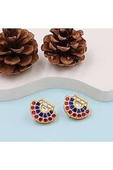 Gold Finish Kundan Polki Stud Earrings In Sterling Silver