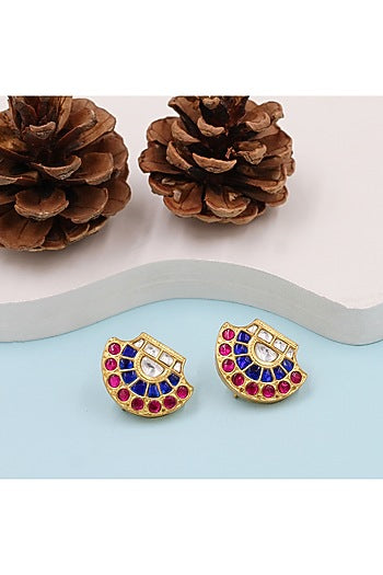 Gold Finish Kundan Polki Stud Earrings In Sterling Silver