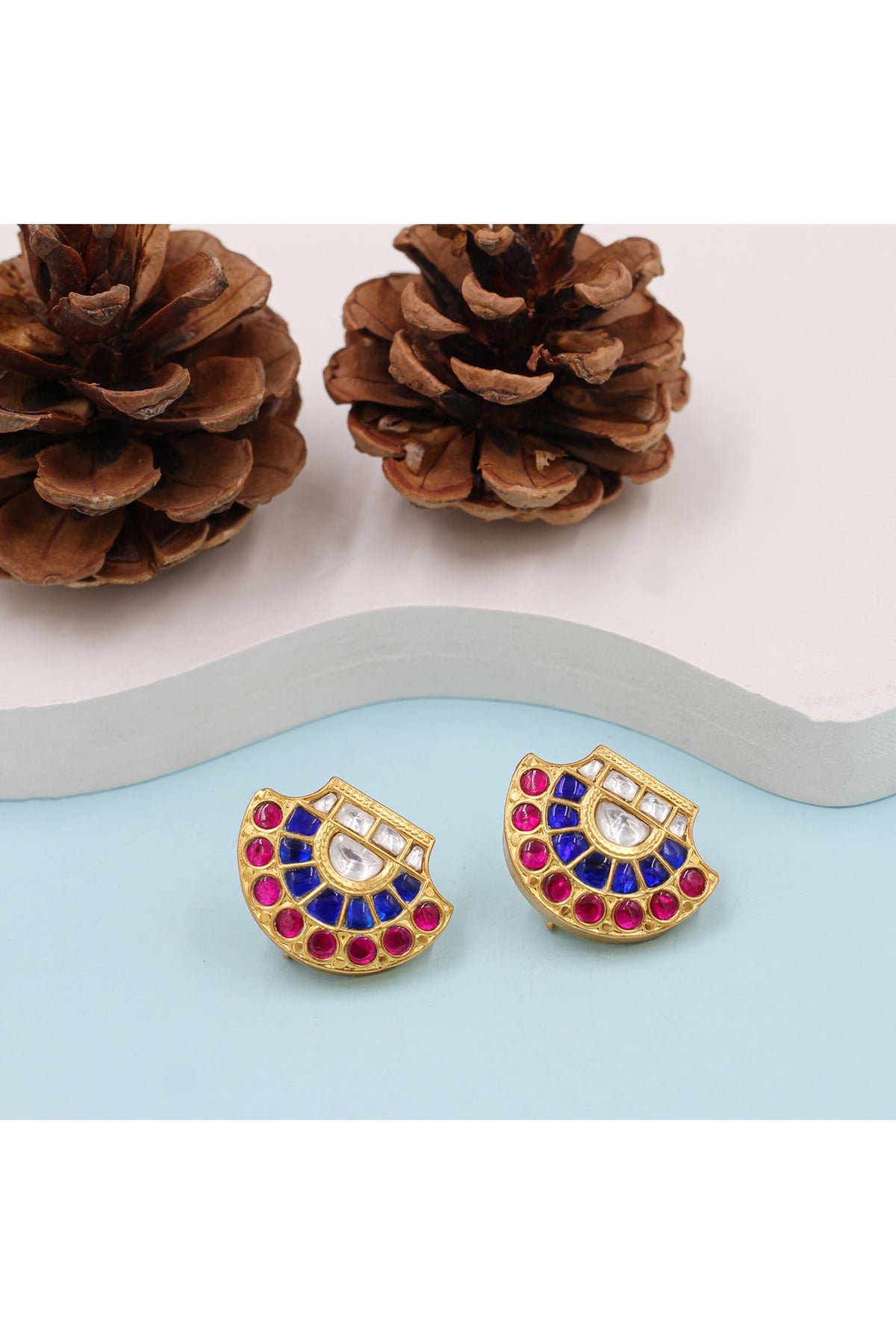 Gold Finish Kundan Polki Stud Earrings In Sterling Silver